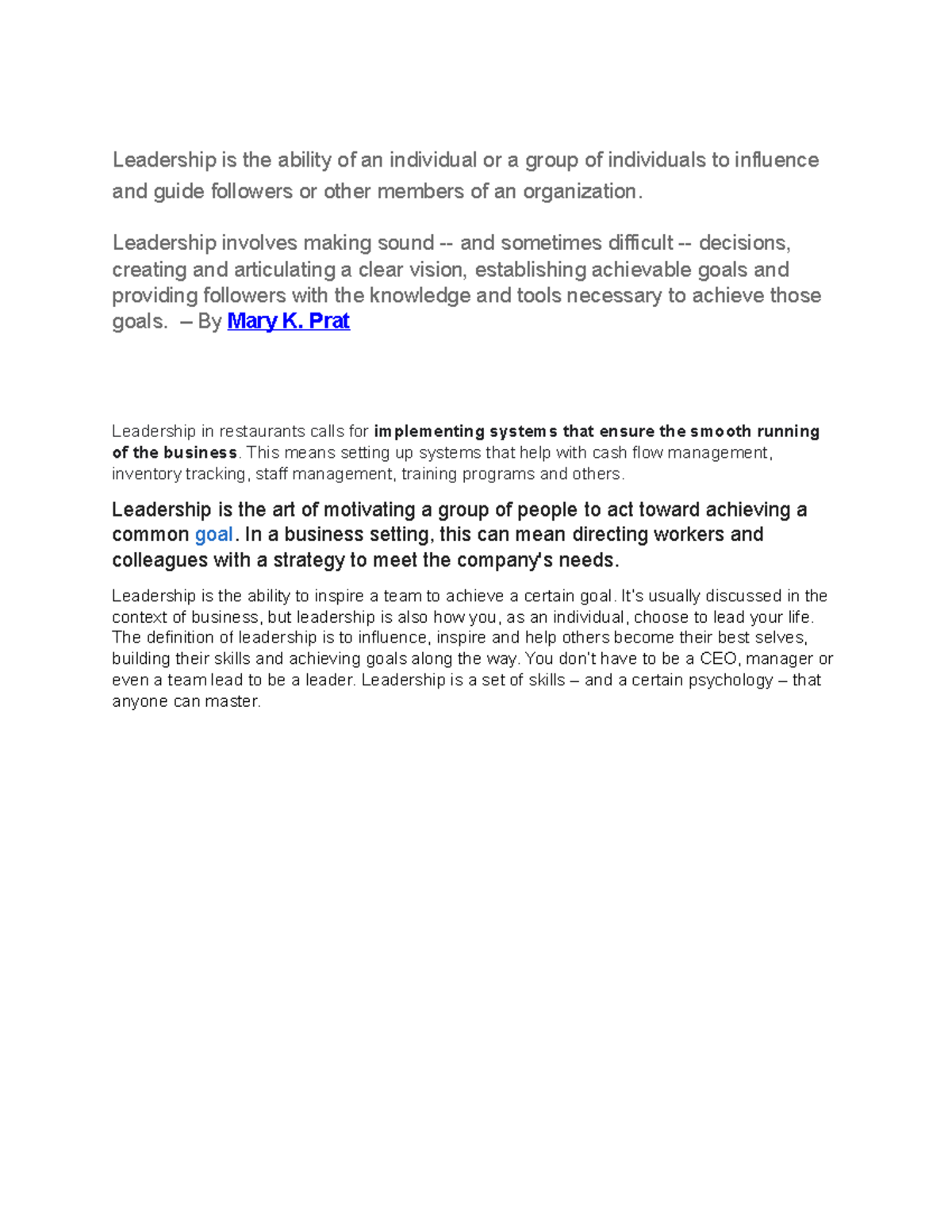 Leadership - notes - Leadership is the ability of an individual or a ...