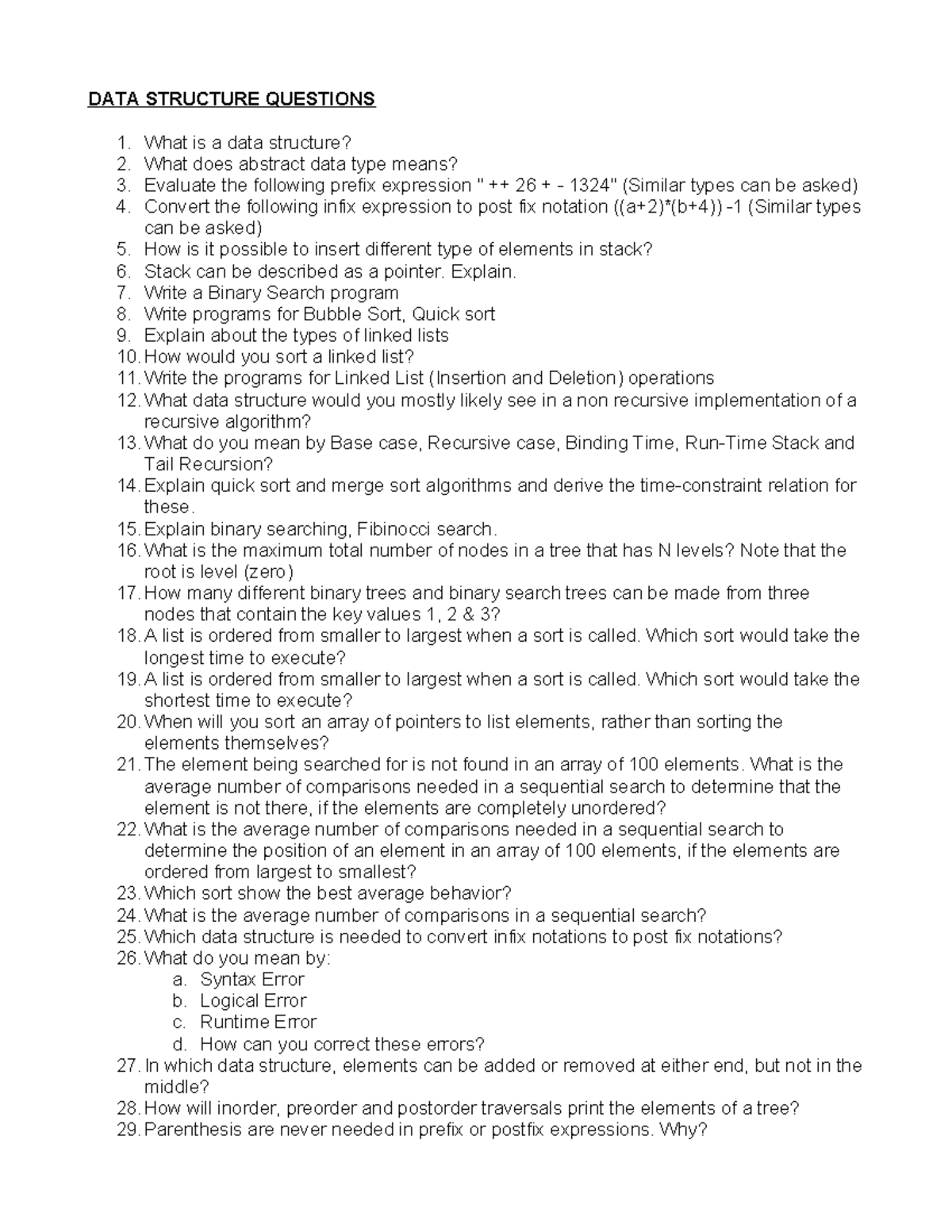 Data - thanks - DATA STRUCTURE QUESTIONS 1. What is a data structure? 2 ...