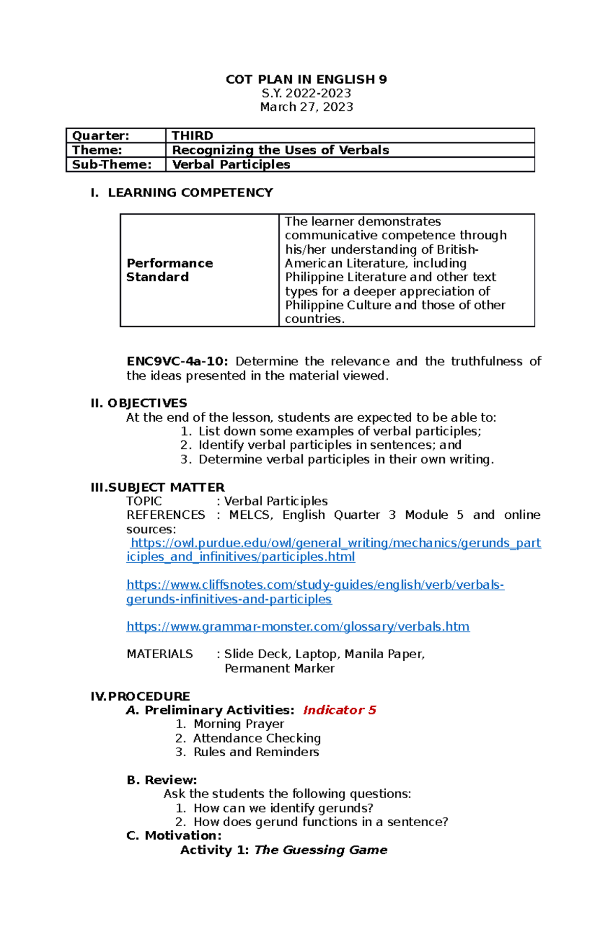 COT PLAN IN English 9 - COT PLAN IN ENGLISH 9 S. 2022- March 27, 2023 ...