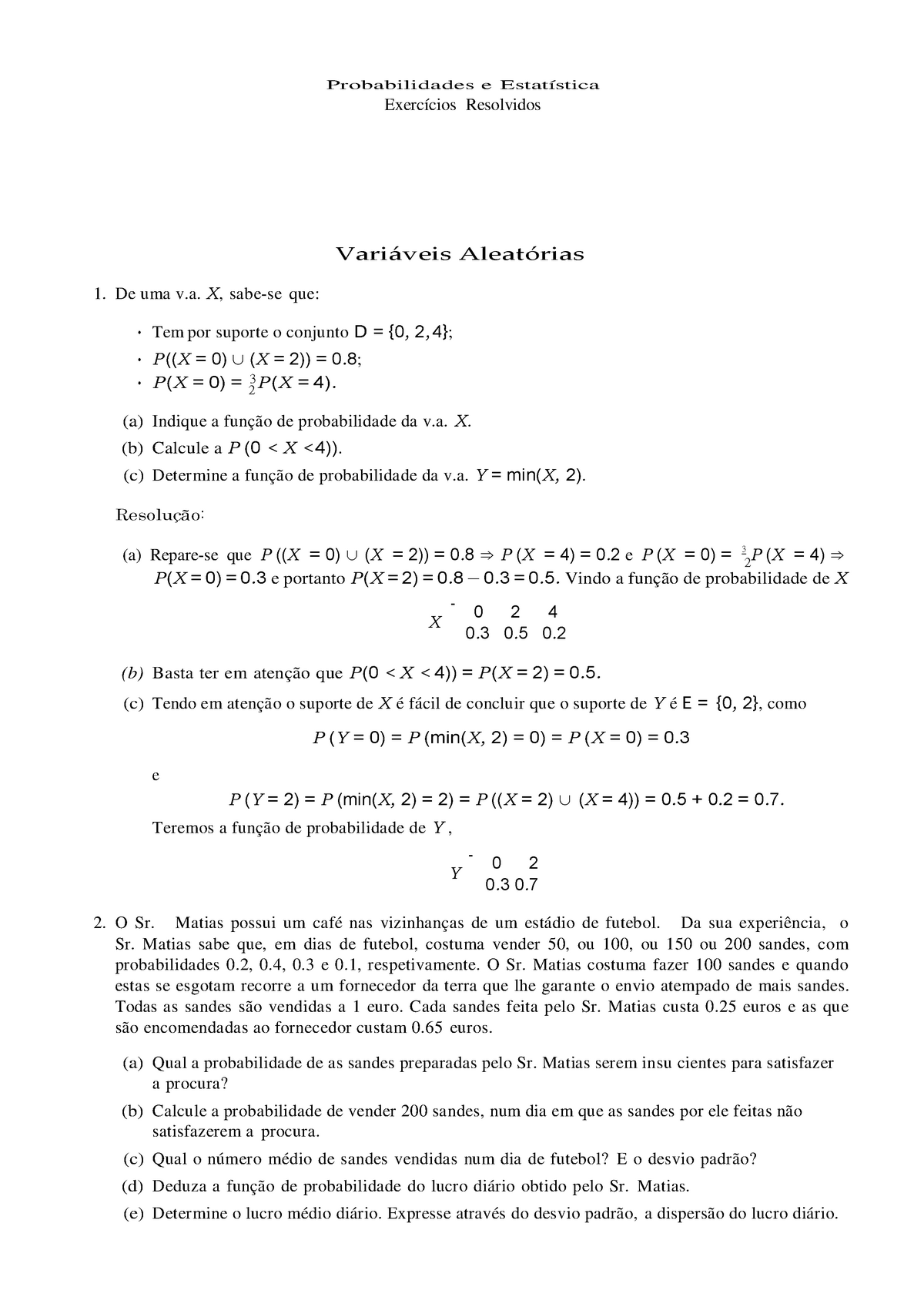 Exer Res Variaveis Aleatorias Probabilidades Estat Stica Exerc Cios Resolvidos Studocu