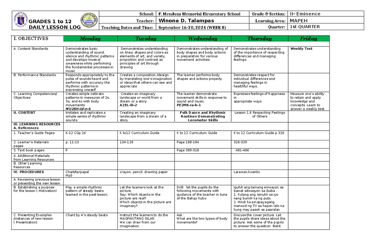 DLL Mapeh Q1 W8 - about daily lesson log - GRADES 1 to 12 DAILY LESSON ...