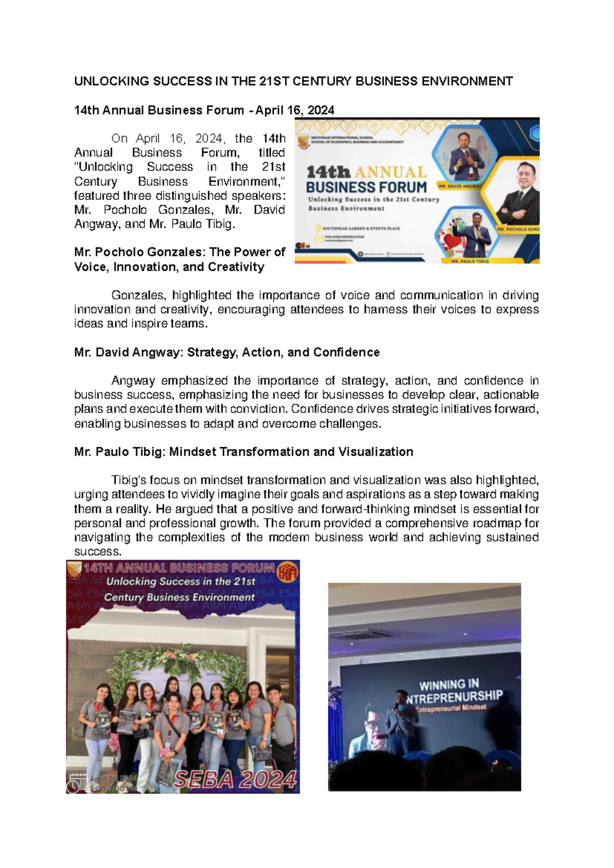 Unlocking - lecture - UNLOCKING SUCCESS IN THE 21ST CENTURY BUSINESS ...