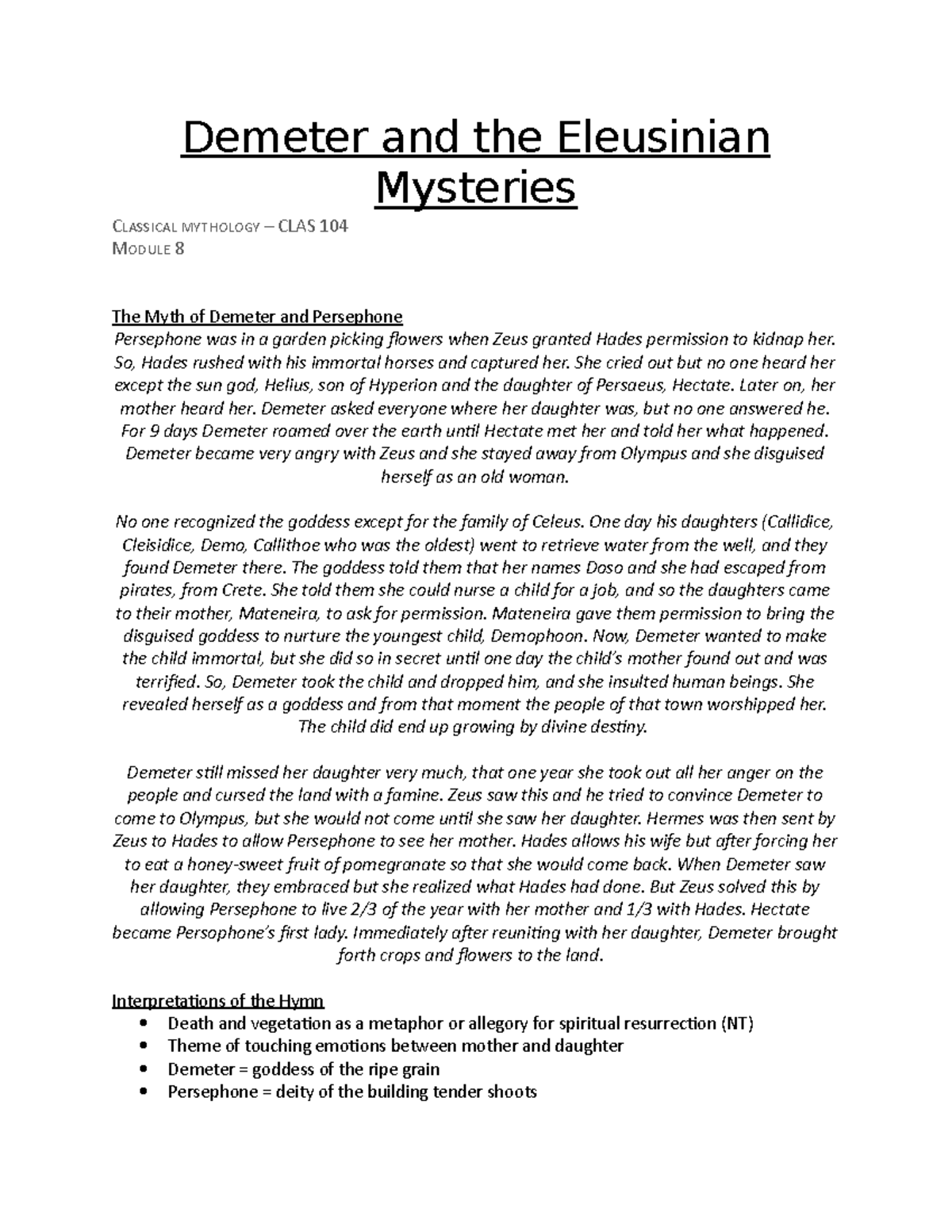 Demeter and the Eleusinian Mysteries Lecture Notes - Demeter and the ...