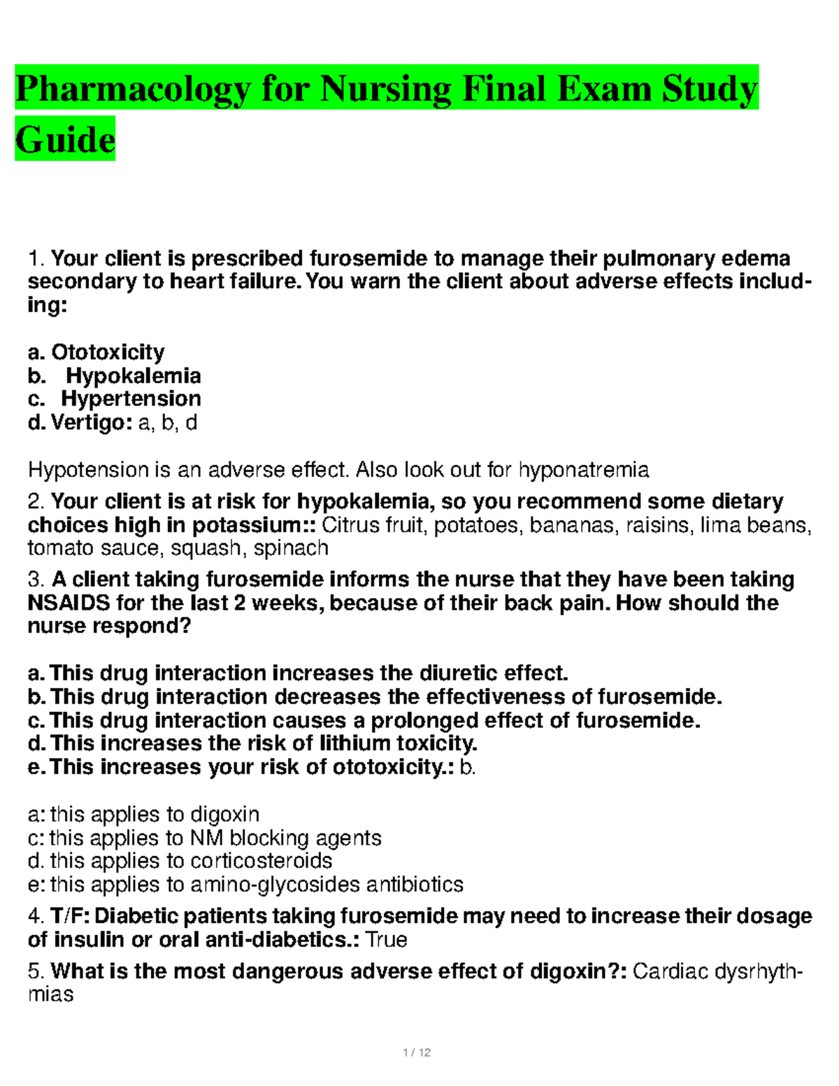 Pharmacology For Nursing Final Exam Study Guide - Pharmacology For ...