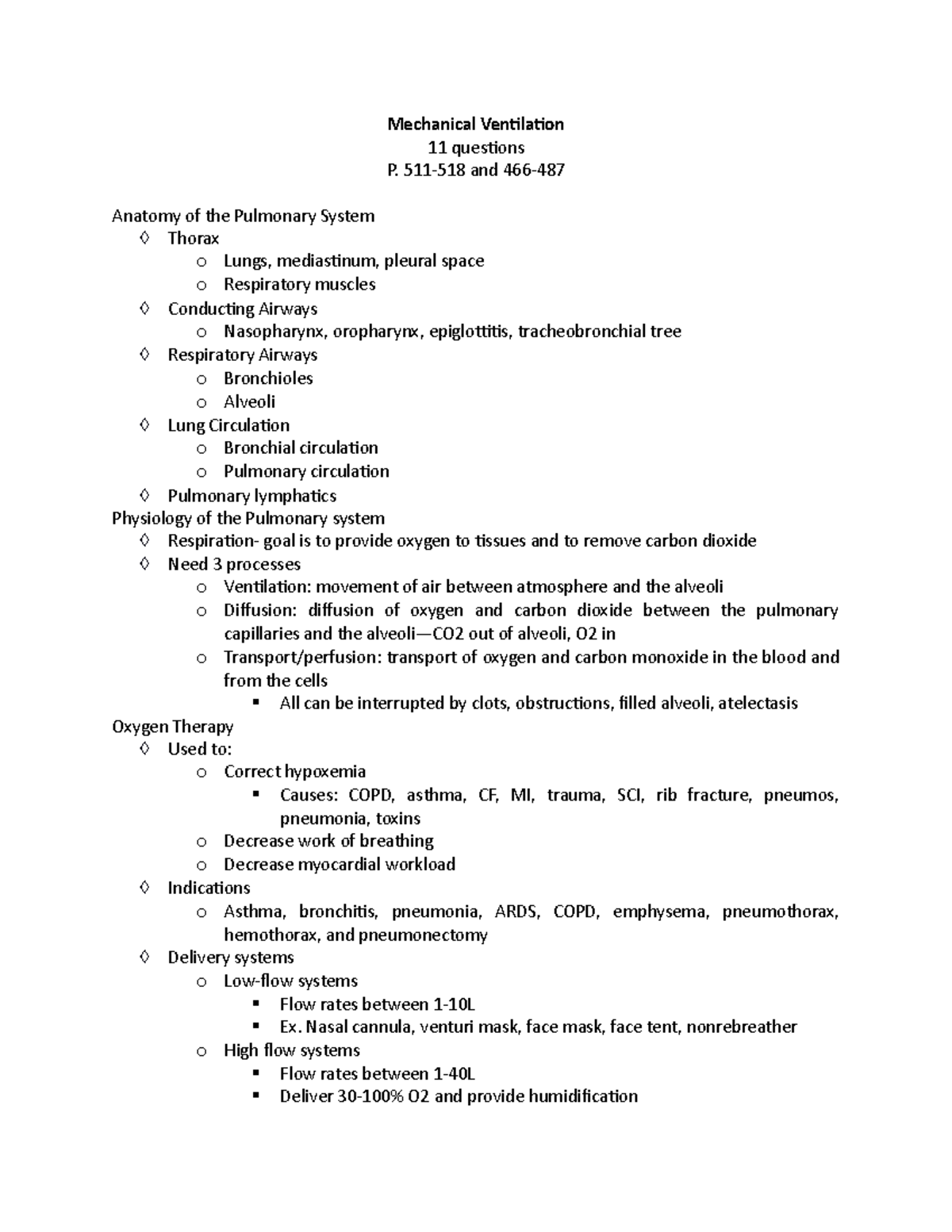 Mechanical Ventilation notes Mechanical Ventilation 11 questions P