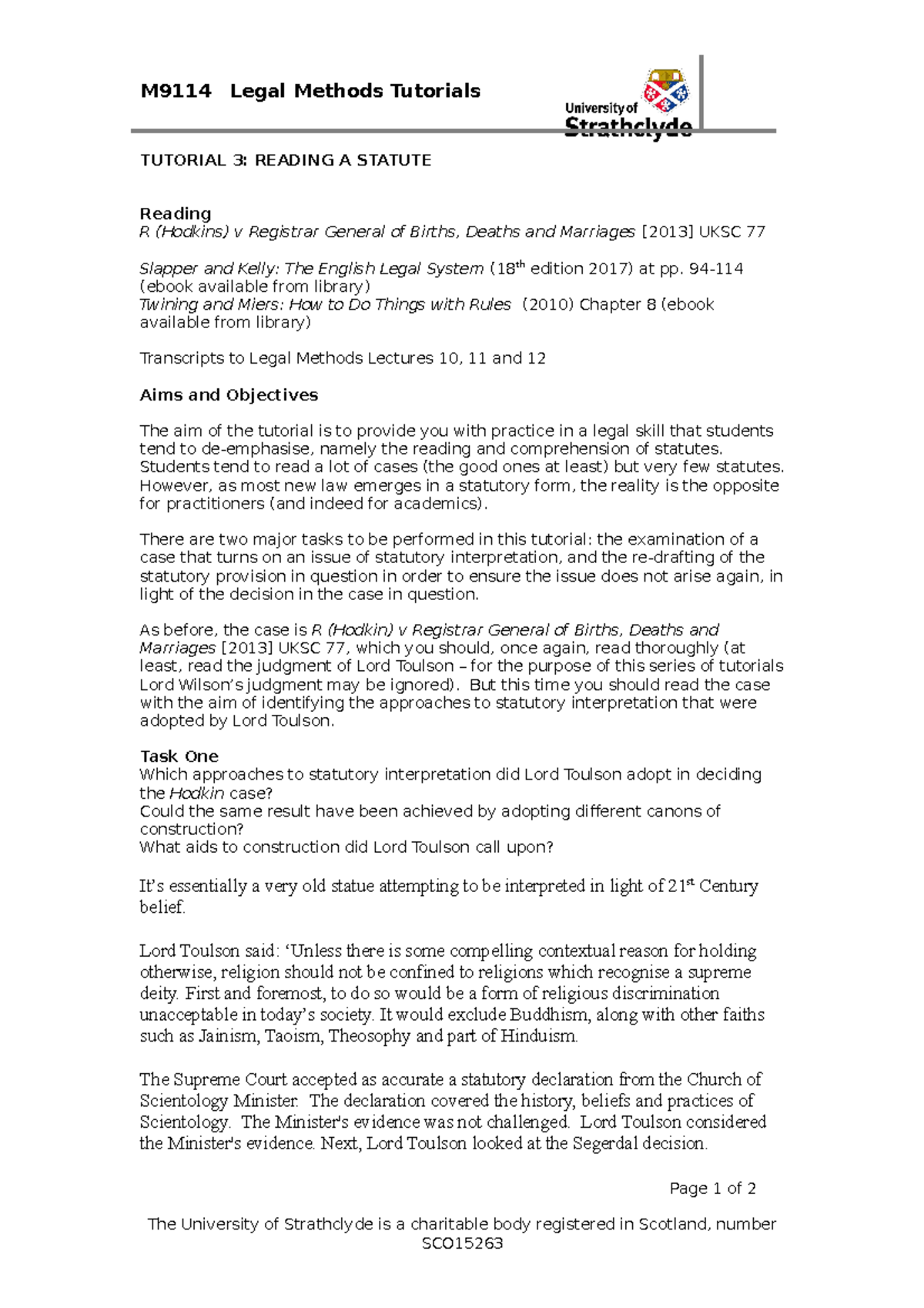 LM Tutorial 3 M9114 Legal Methods Tutorials TUTORIAL 3 READING A