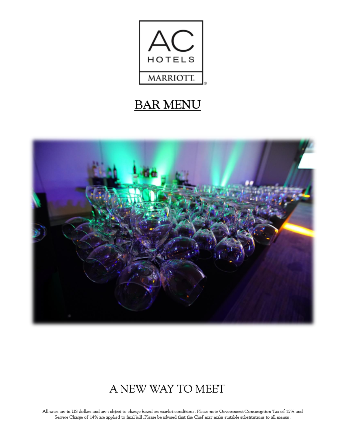 AC Hotel Bar Menu menue All rates are in US dollars and are subject