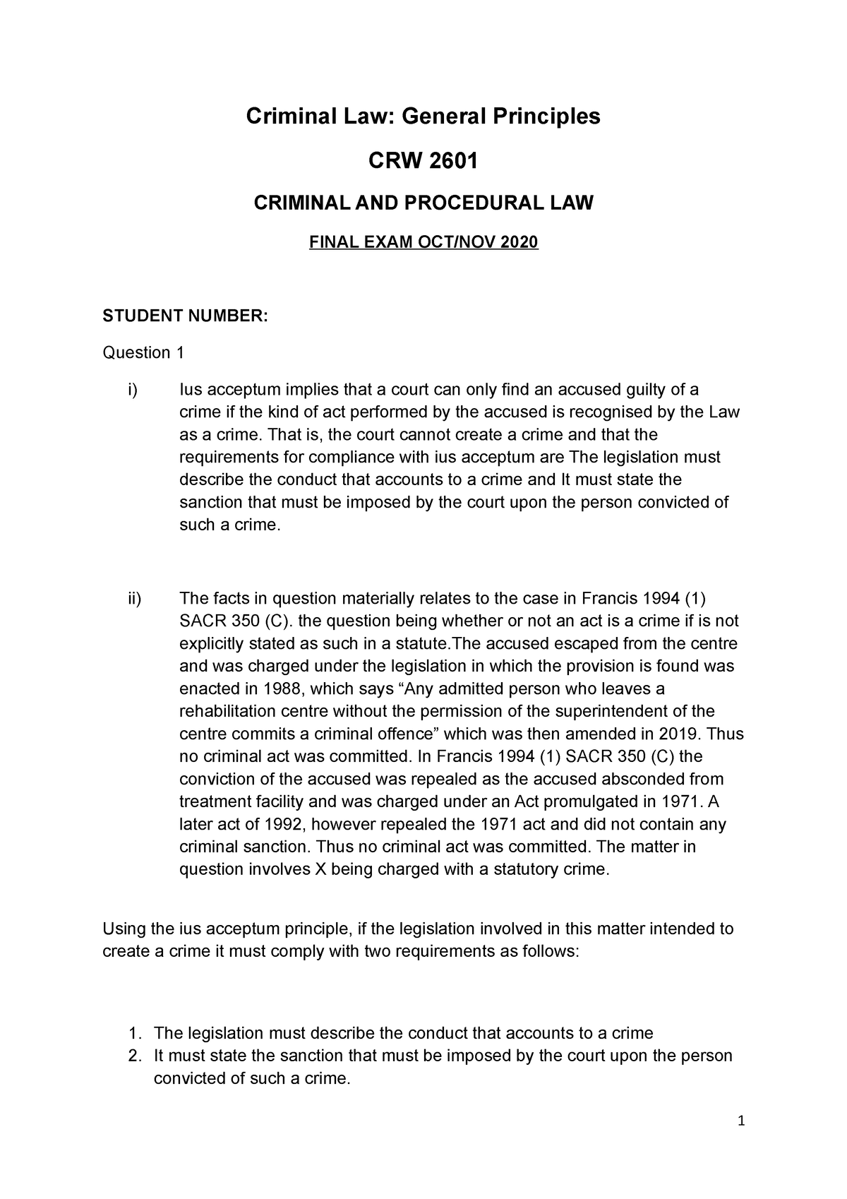 CRW 2601 Final EXAM OCT 2020 Upload - Criminal Law: General Principles ...