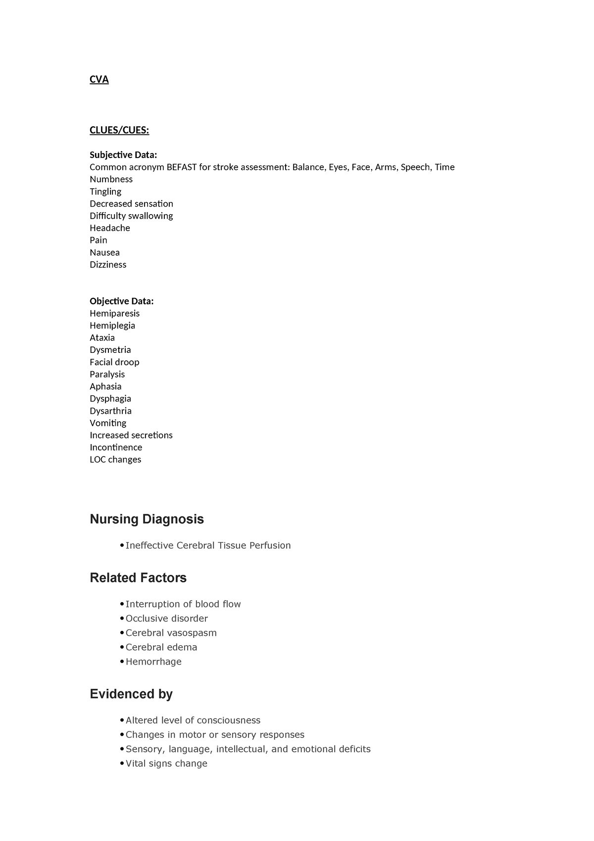 CVA - cva - CVA CLUES/CUES: Subjective Data: Common acronym BEFAST for ...