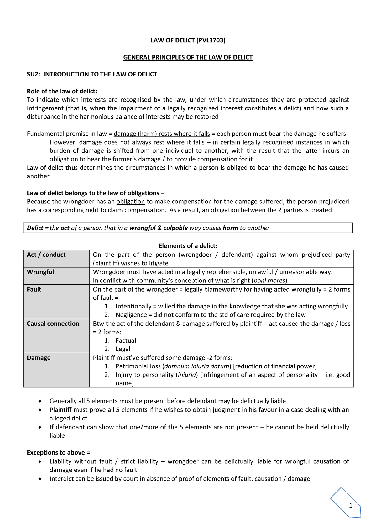 PVL3703- Law Of Delict Summary Notes Final 4jun2014 - LAW OF DELICT ...