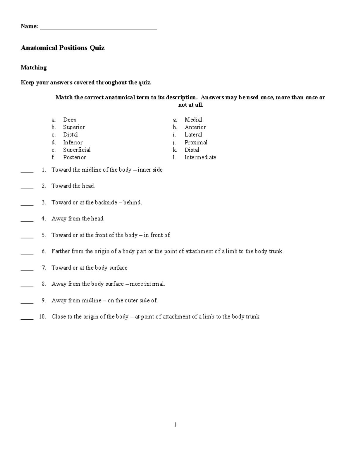Anatomical Positions Quiz1 Name