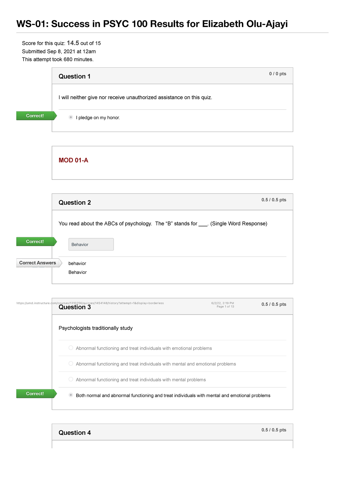 Quiz-01: “Success” in PSYC 100” - WS-01: Success in PSYC 100 Results ...