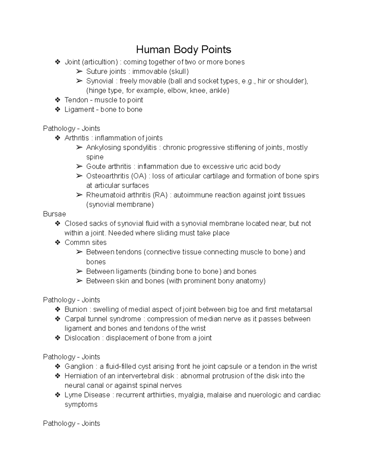 Chapter 16 Class notes Human Body Points Joint (articultion