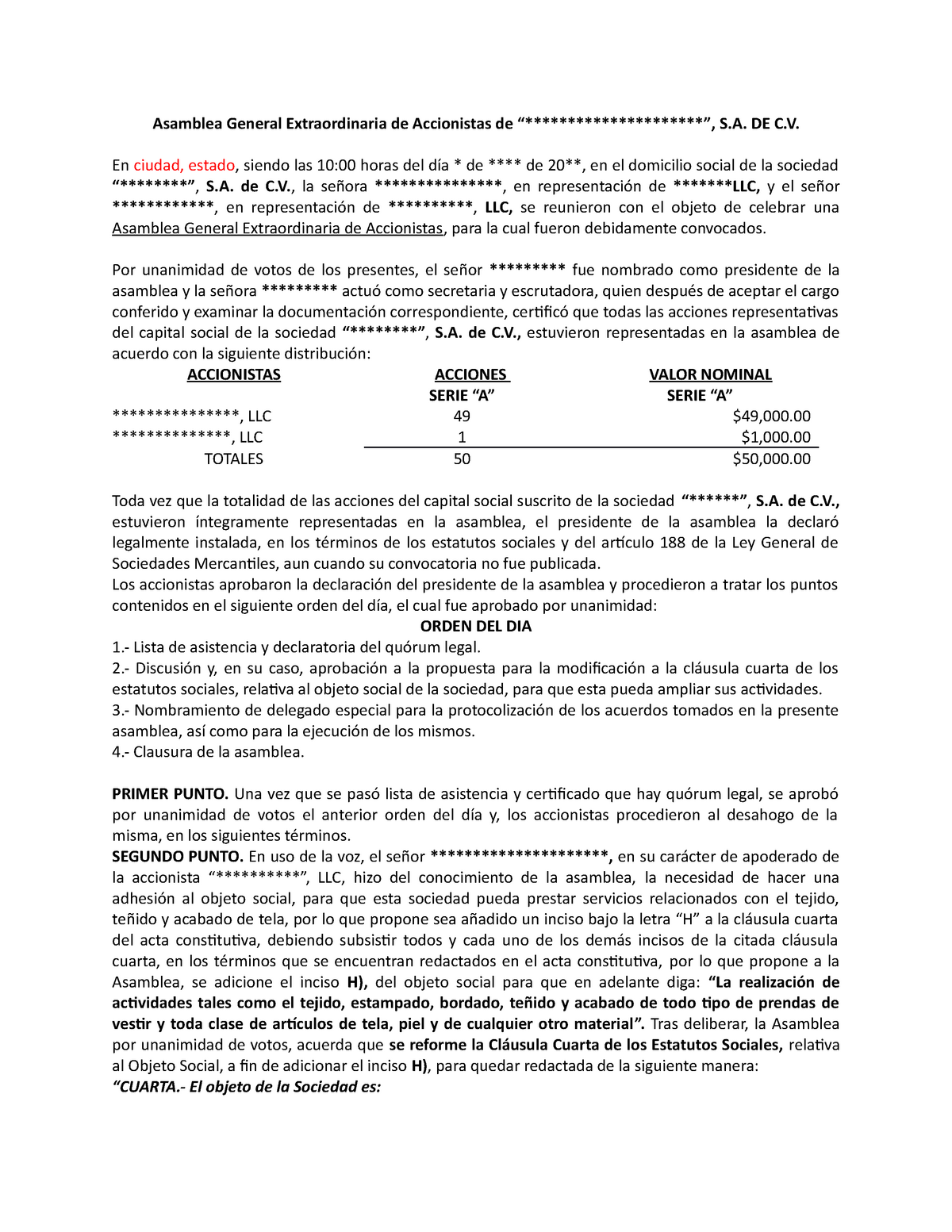 Acta de asamblea de SA (modificación al objeto social) - Asamblea General  Extraordinaria de - Studocu