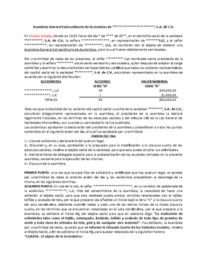 Acta de asamblea de SA (modificación al objeto social) - Asamblea General  Extraordinaria de - Studocu