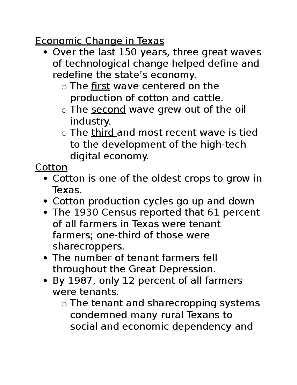 Ch.1 pt - N/A - Economic Change in Texas Over the last 150 years, three