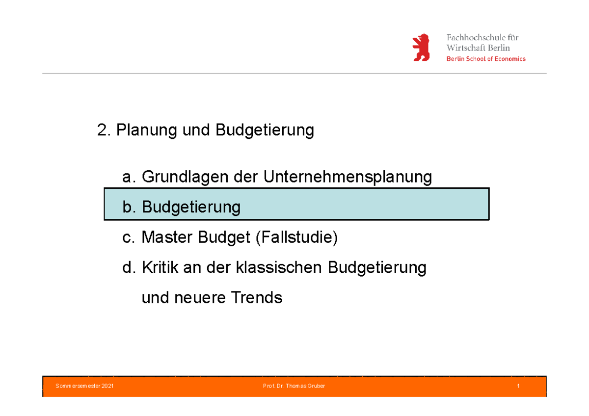 Budgetierung Und Fallstudie Master Budget - 2. Planung Und Budgetierung ...