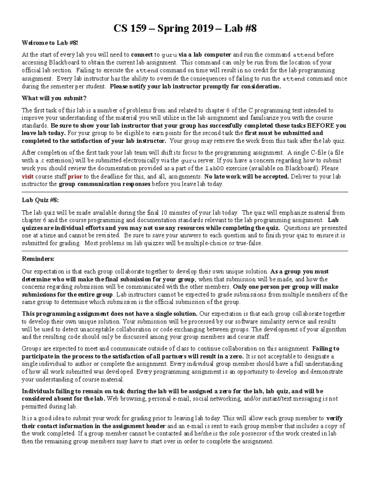 Lab08 - The 8th lab document. - CS 159 – Spring 2019 – Lab #8 Welcome ...