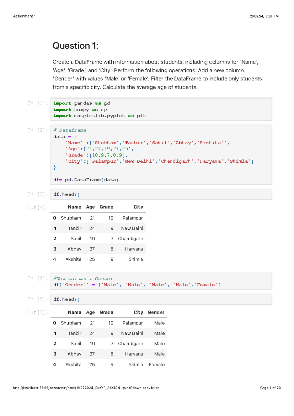 Python programming language notes - Question 1: Create a DataFrame with ...