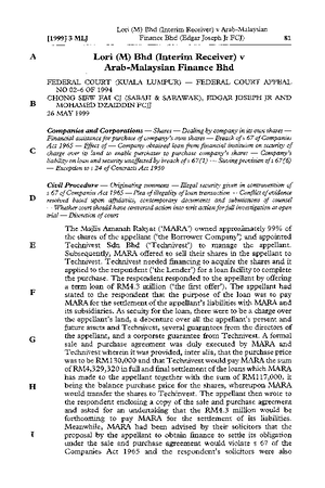 Lori M Bhd Interim Receiver V Arab Malaysian Finance Bhd Law Studocu