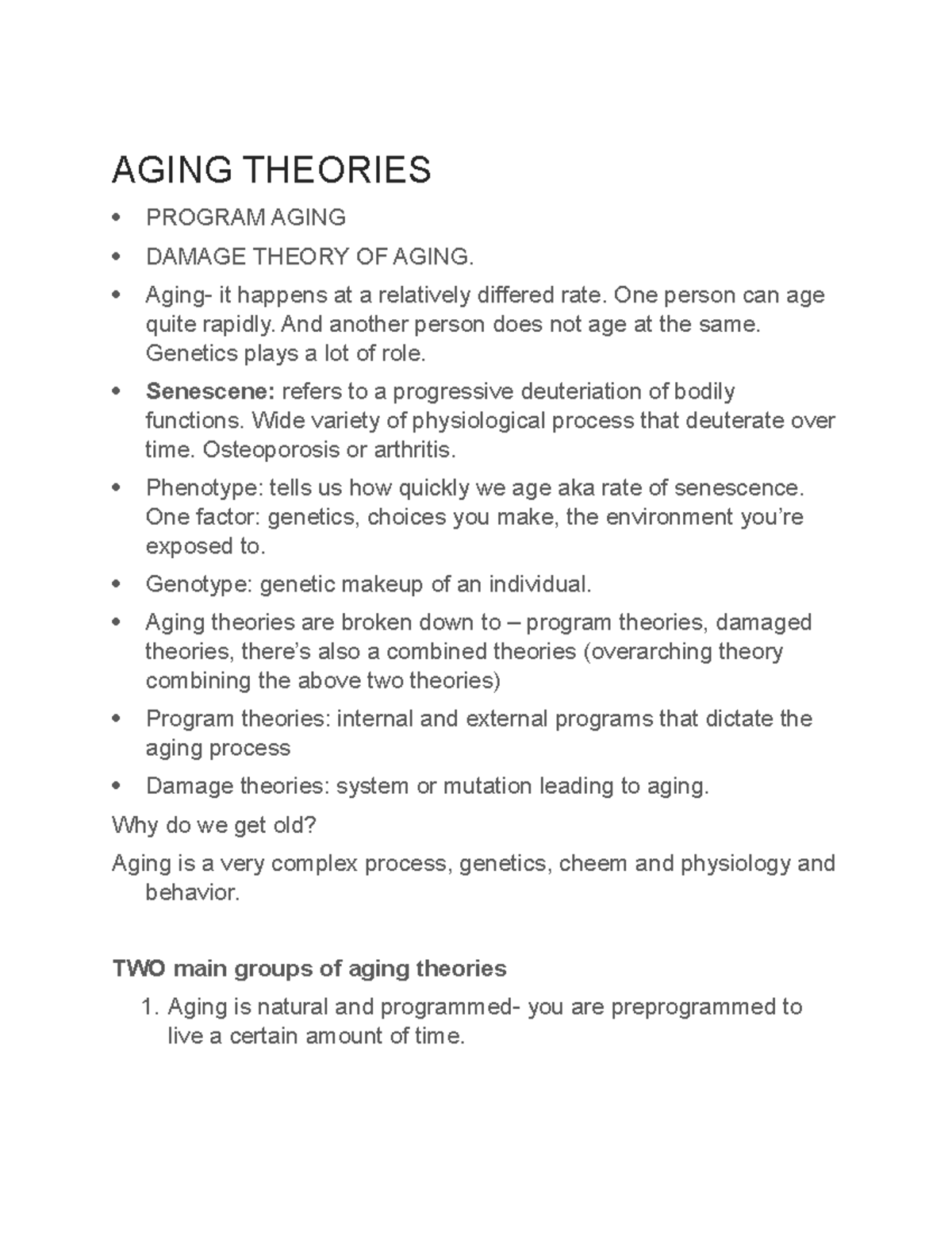 KIN 4500 - Lecture notes 9 - AGING THEORIES PROGRAM AGING DAMAGE THEORY ...