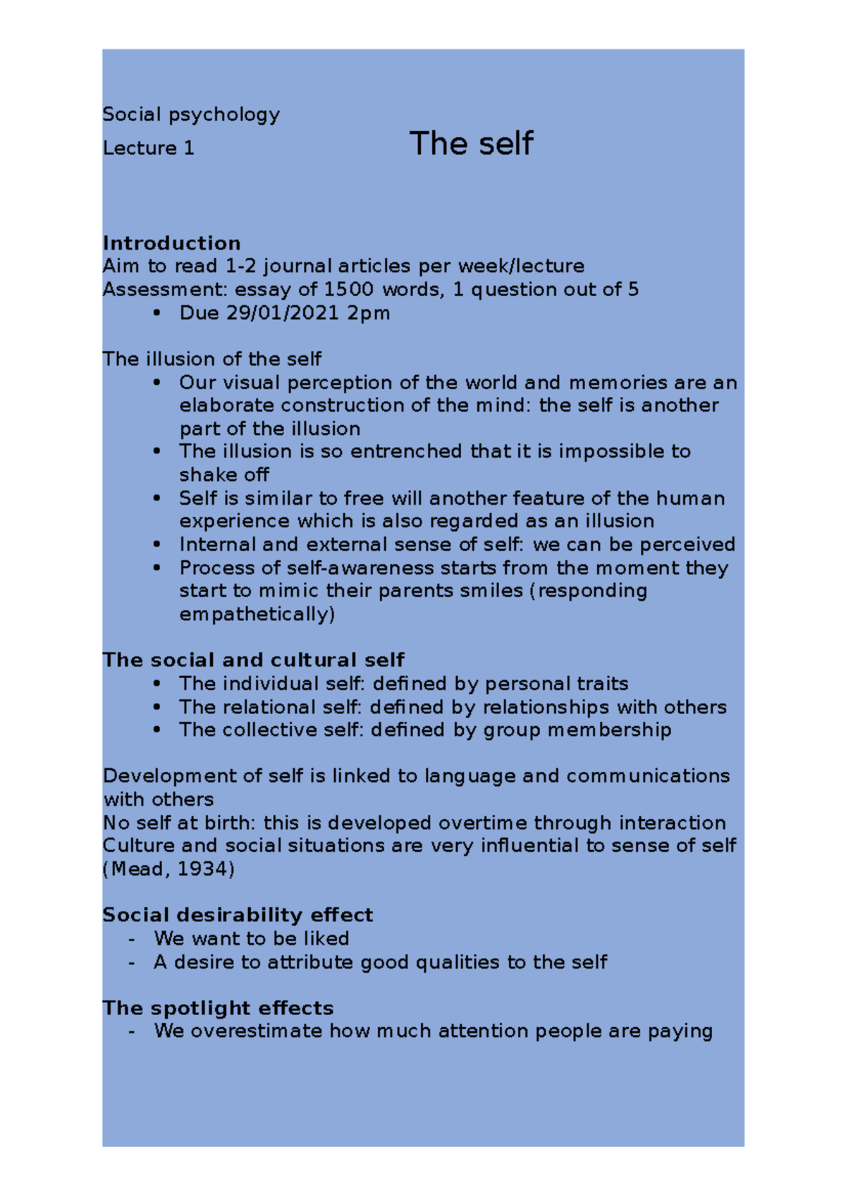 1 -the self - Lecture notes 1 - Social psychology Lecture 1 The self ...