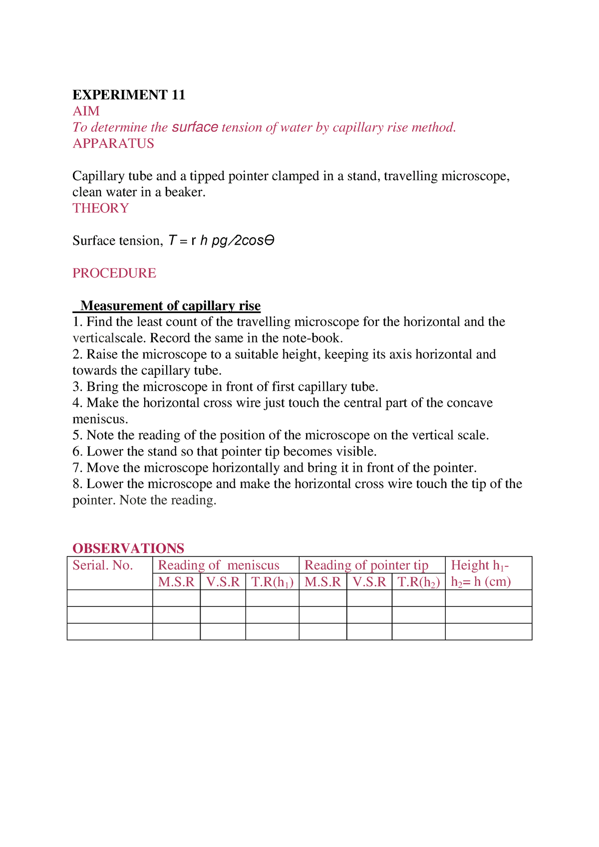 aim of surface tension experiment