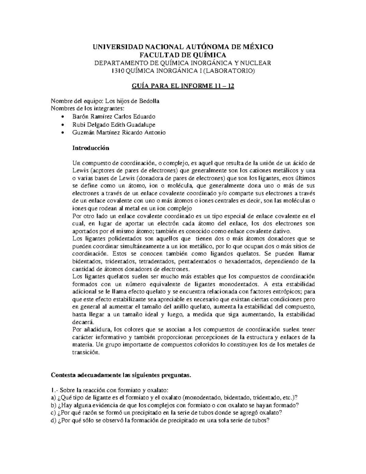 Informe 11 Y 12 De Quimica De Coordinacion Del Laboratorio De Quimica