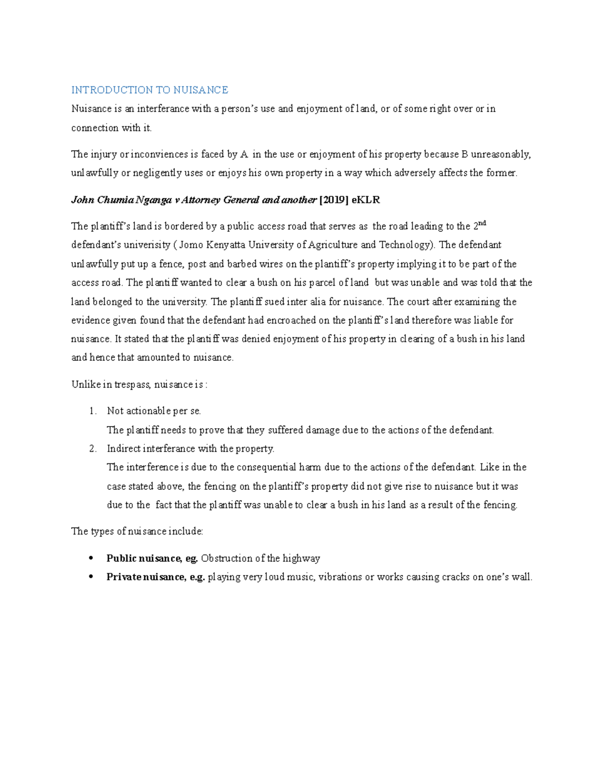 Introduction to nuisance INTRODUCTION TO NUISANCE Nuisance is an