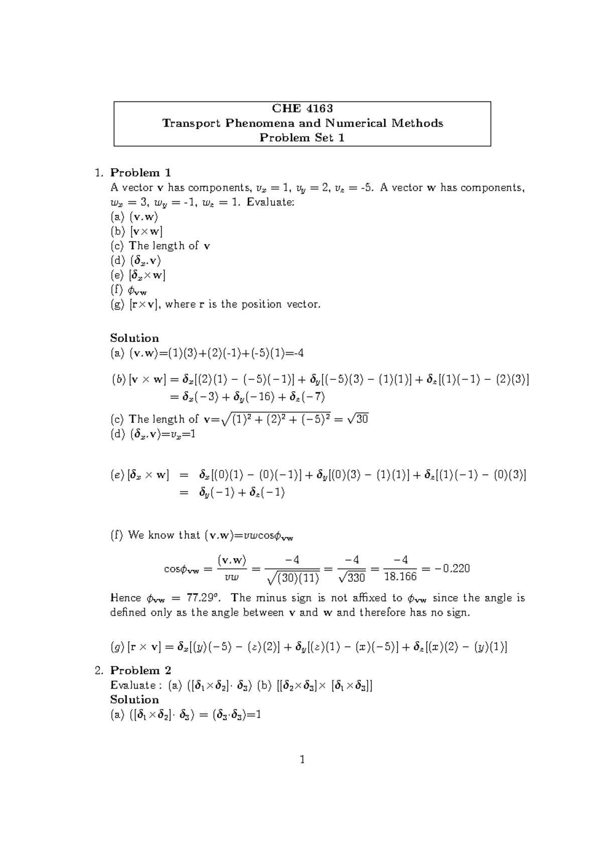 Problem Set 1 Solution Che 4163 Transport Phenomena And Numerical Methods Problem Set 1 1 Problem Studocu