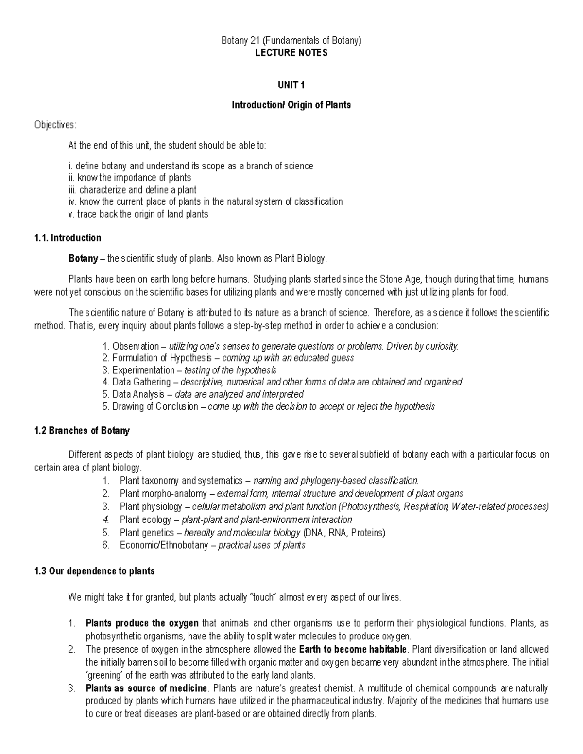 Botany 21 Lec Notes Unit 1 Intro and Origin of Plants Botany 21