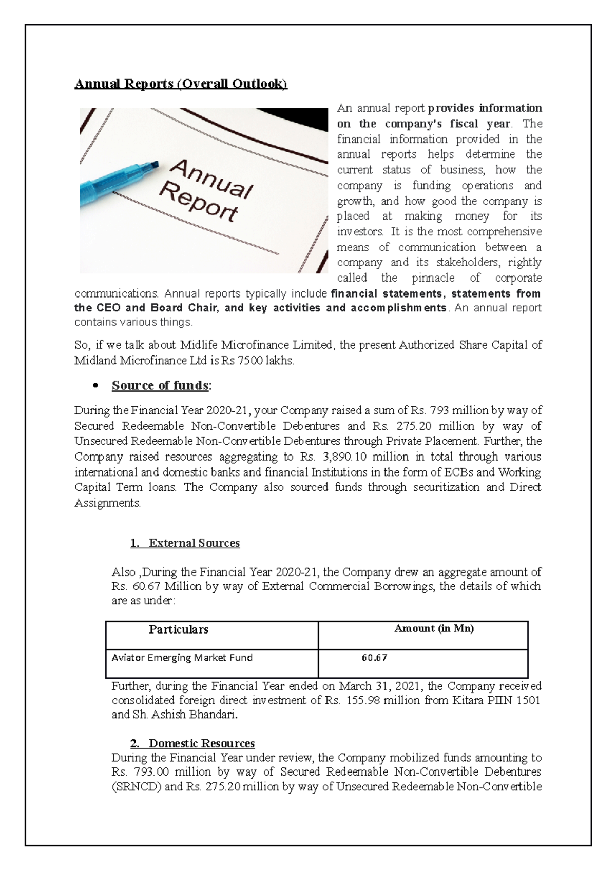Annual Reports of microfinance - Annual Reports (Overall Outlook) An ...