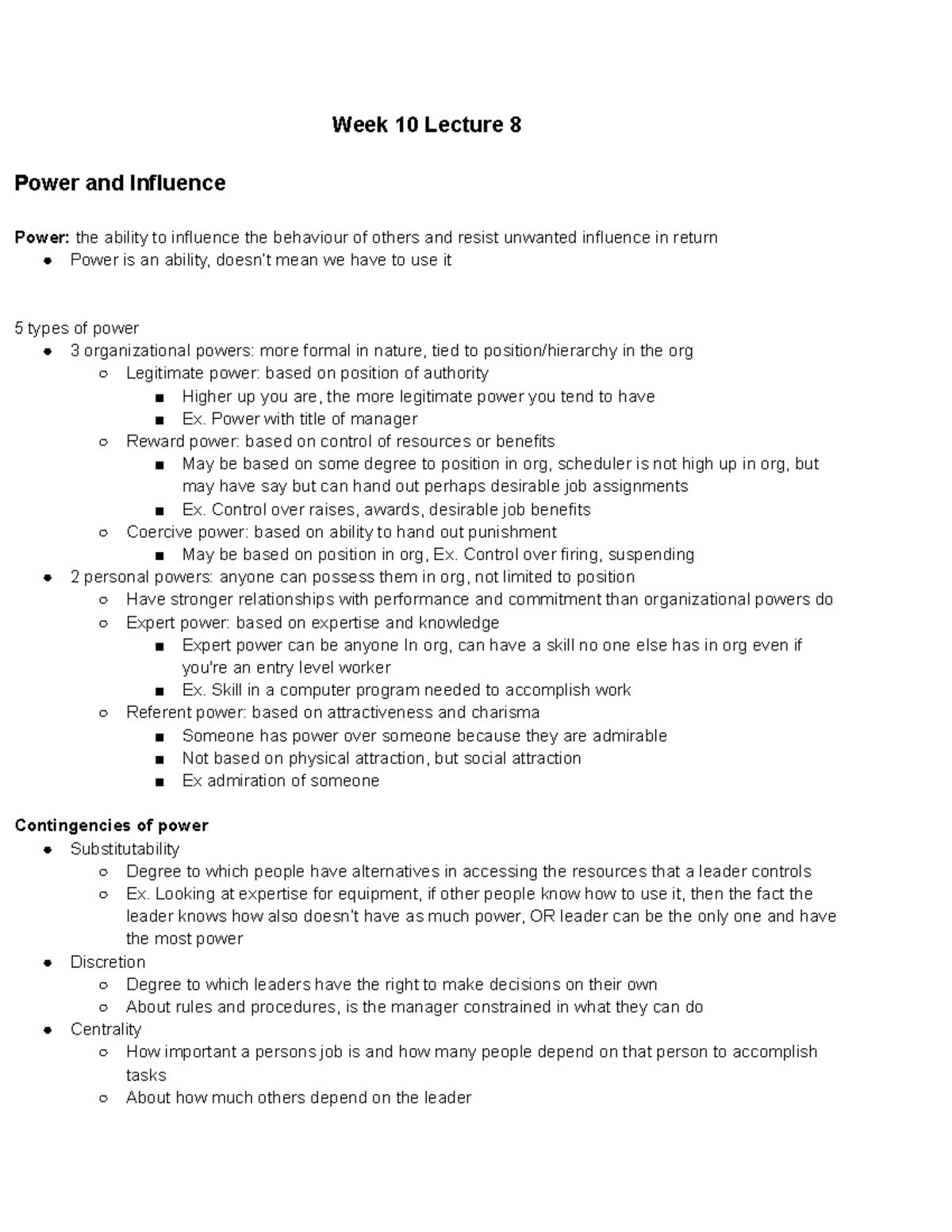 Org+Behaviour+Lecture+8-1 - Week 10 Lecture 8 Power and Influence Power ...