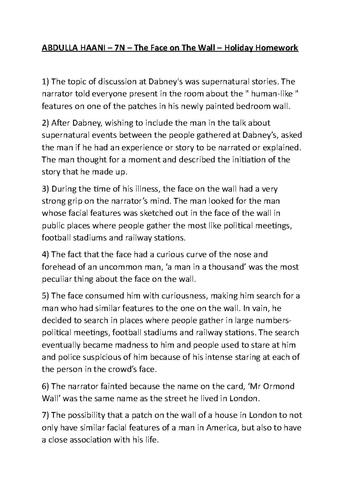 Question and Answers Face on the Wall ABDULLA HAANI 7N The Face on The Wall Holiday