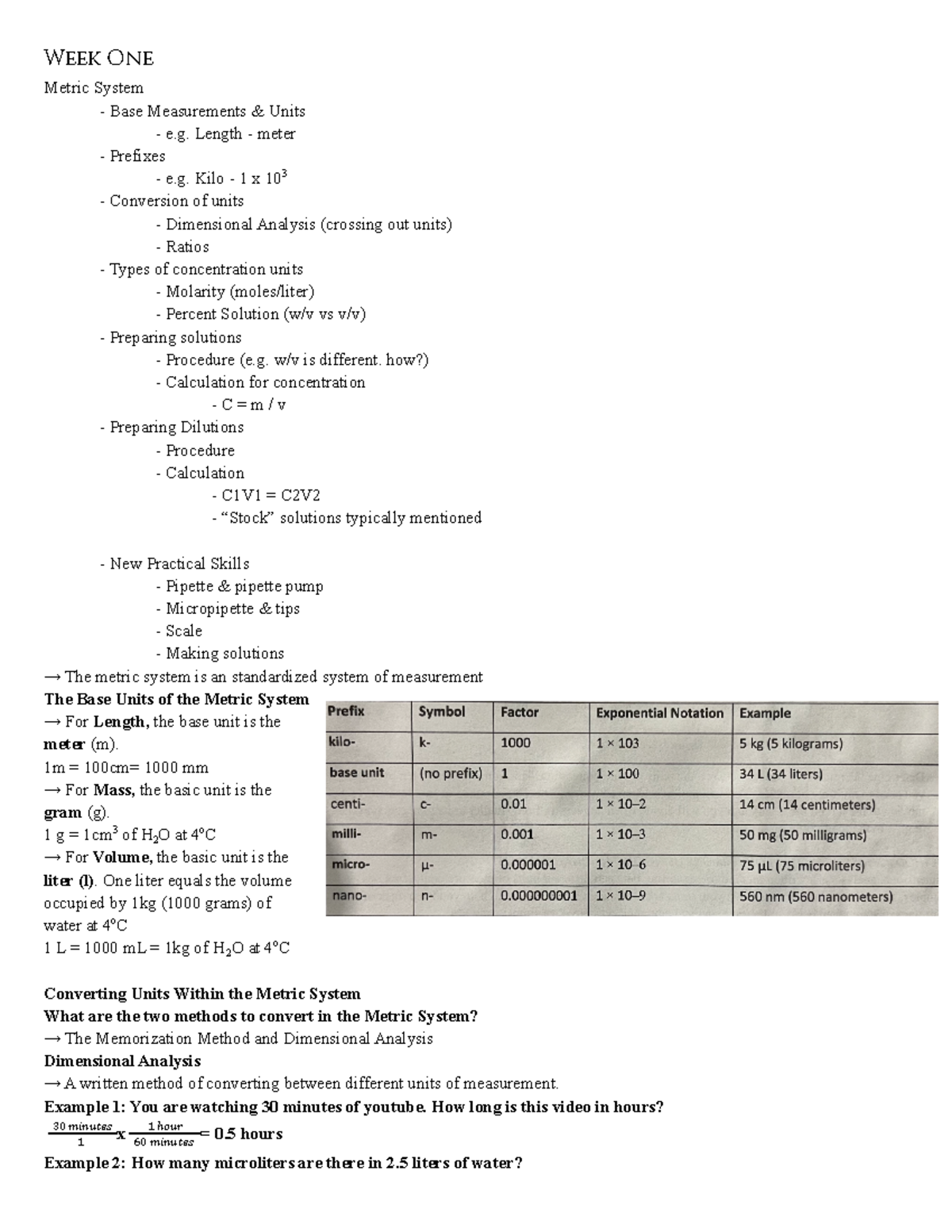 Bio 1 Guide - Week One Metric System - Base Measurements & Units - e ...