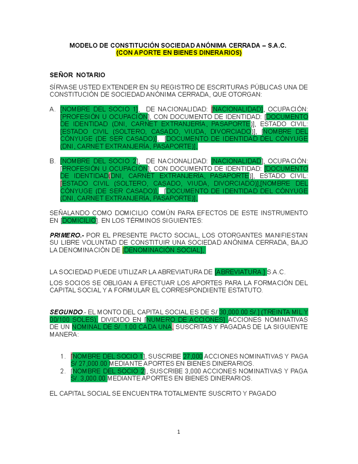 Formato De Minuta Sac Sin Directorio Efectivo Modelo De Constituci N Sociedad An Nima Cerrada