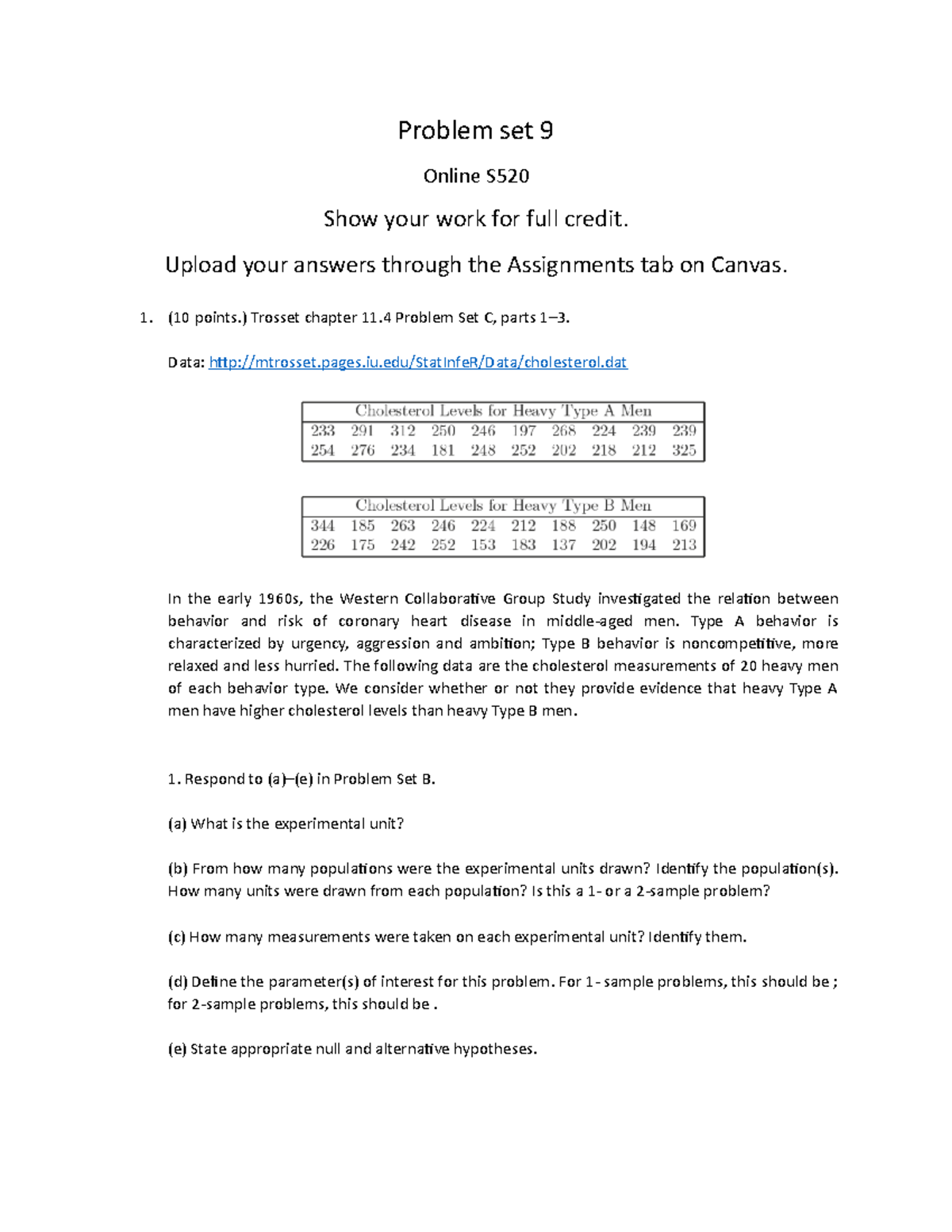 Problem set 9 - Just the assignment questions - Problem set 9 Online S ...