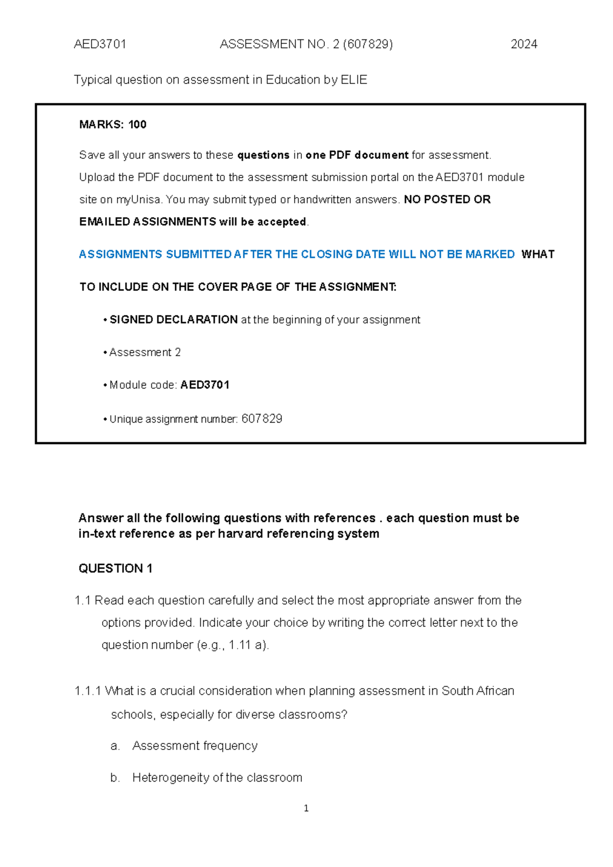 Assessment Questions - AED3701 ASSESSMENT NO. 2 (607829) 2024 Typical ...