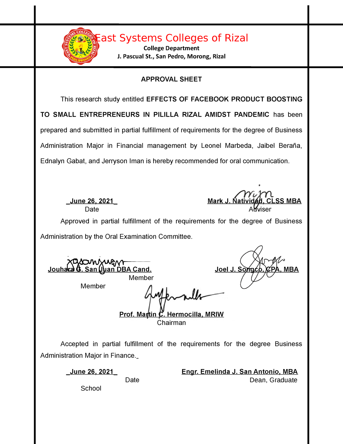 Approval Sheet ALEX COPY - East Systems Colleges of Rizal College ...