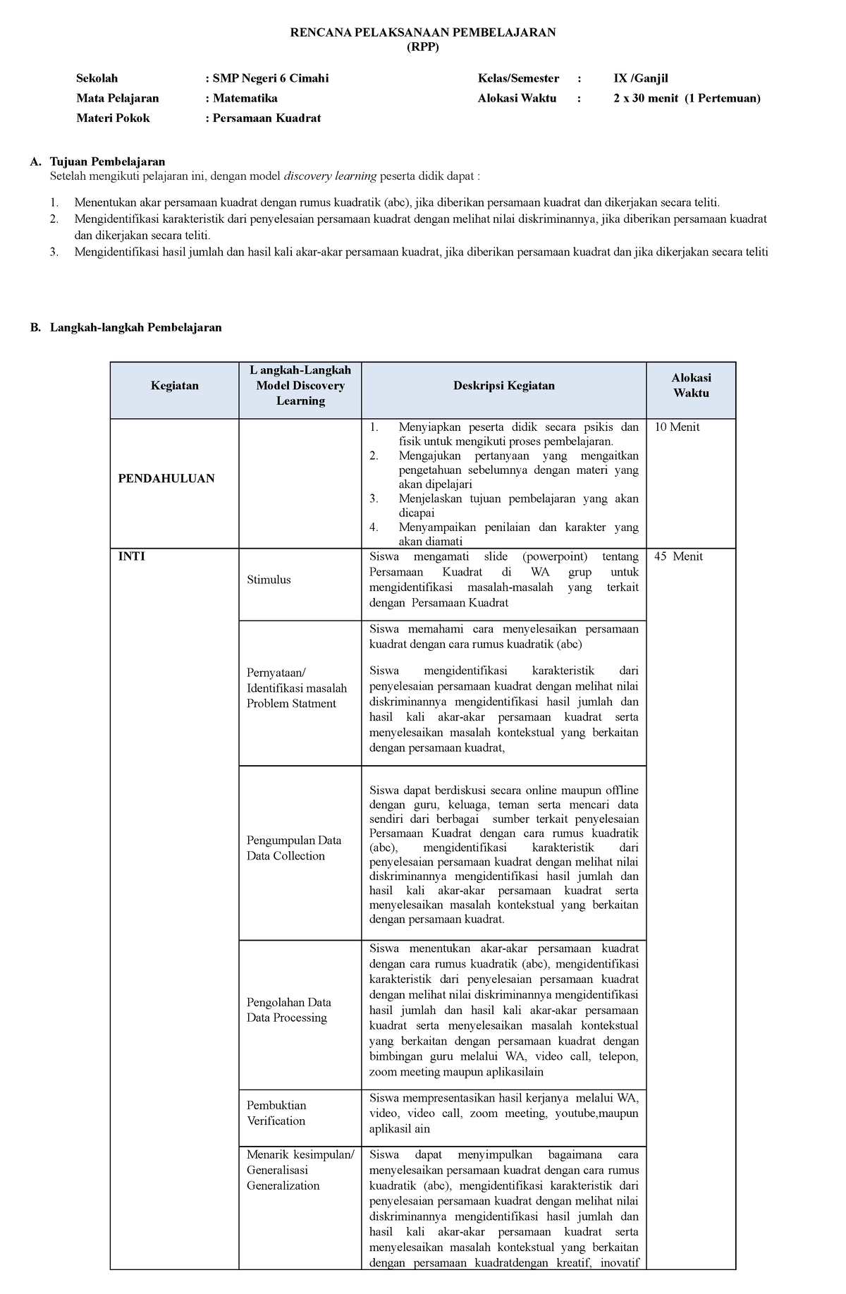 RPP Persamaan Kuadrat (Rumus Kuadratik) Kelas IX SMP - RENCANA ...