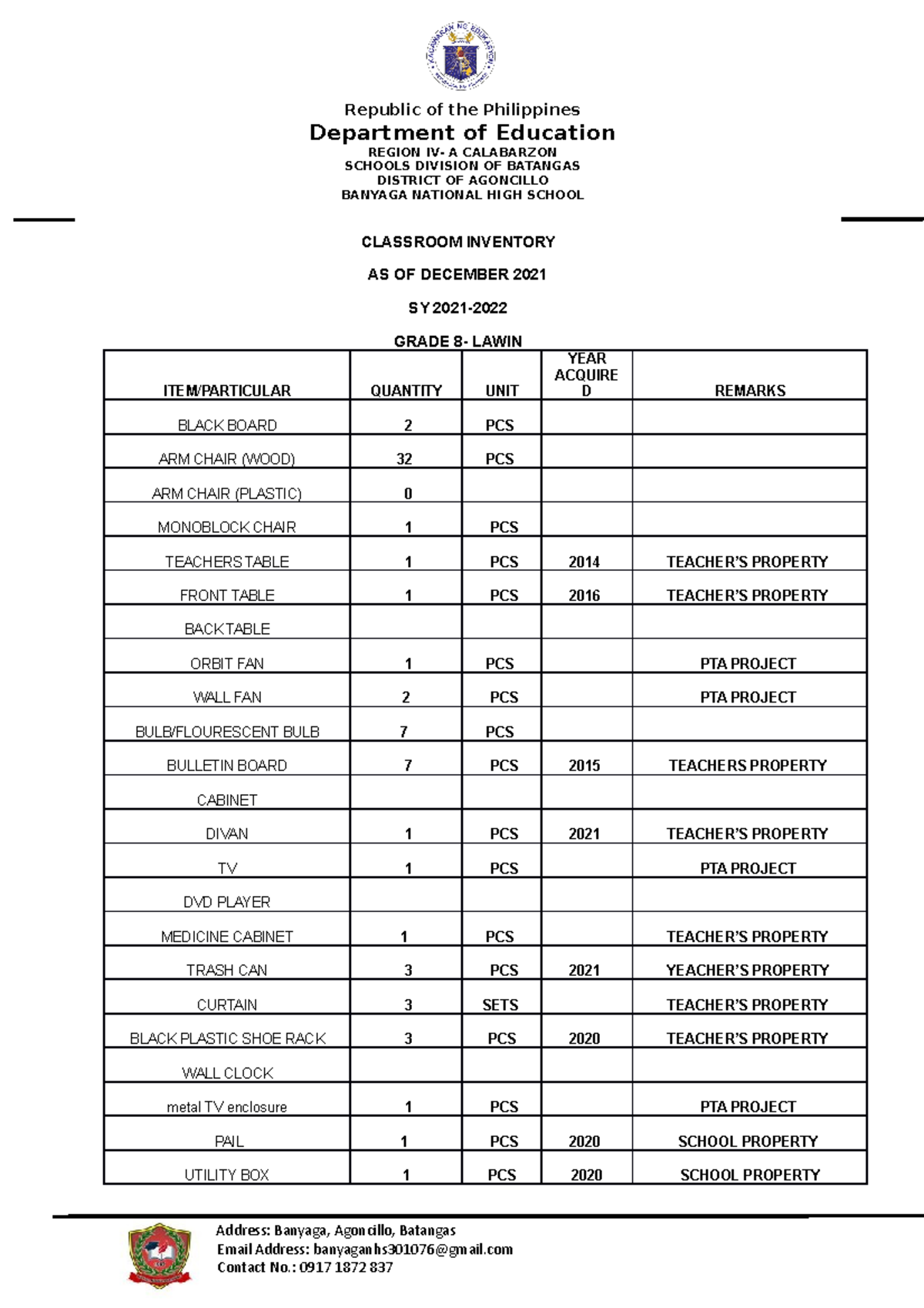 Classroom Inventory Template Republic of the Philippines Department
