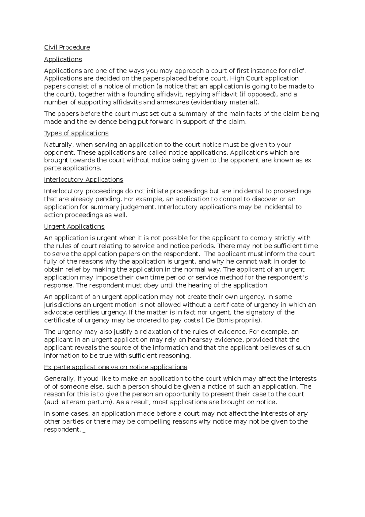 Civil Procedure - summary of action and application - Civil Procedure ...