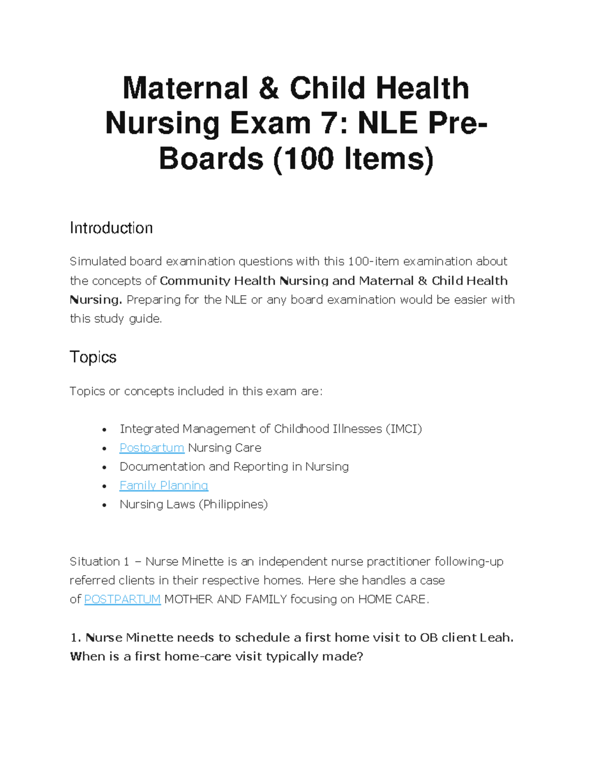 Maternal exam - Maternal & Child Health Nursing Exam 7: NLE Pre- Boards ...