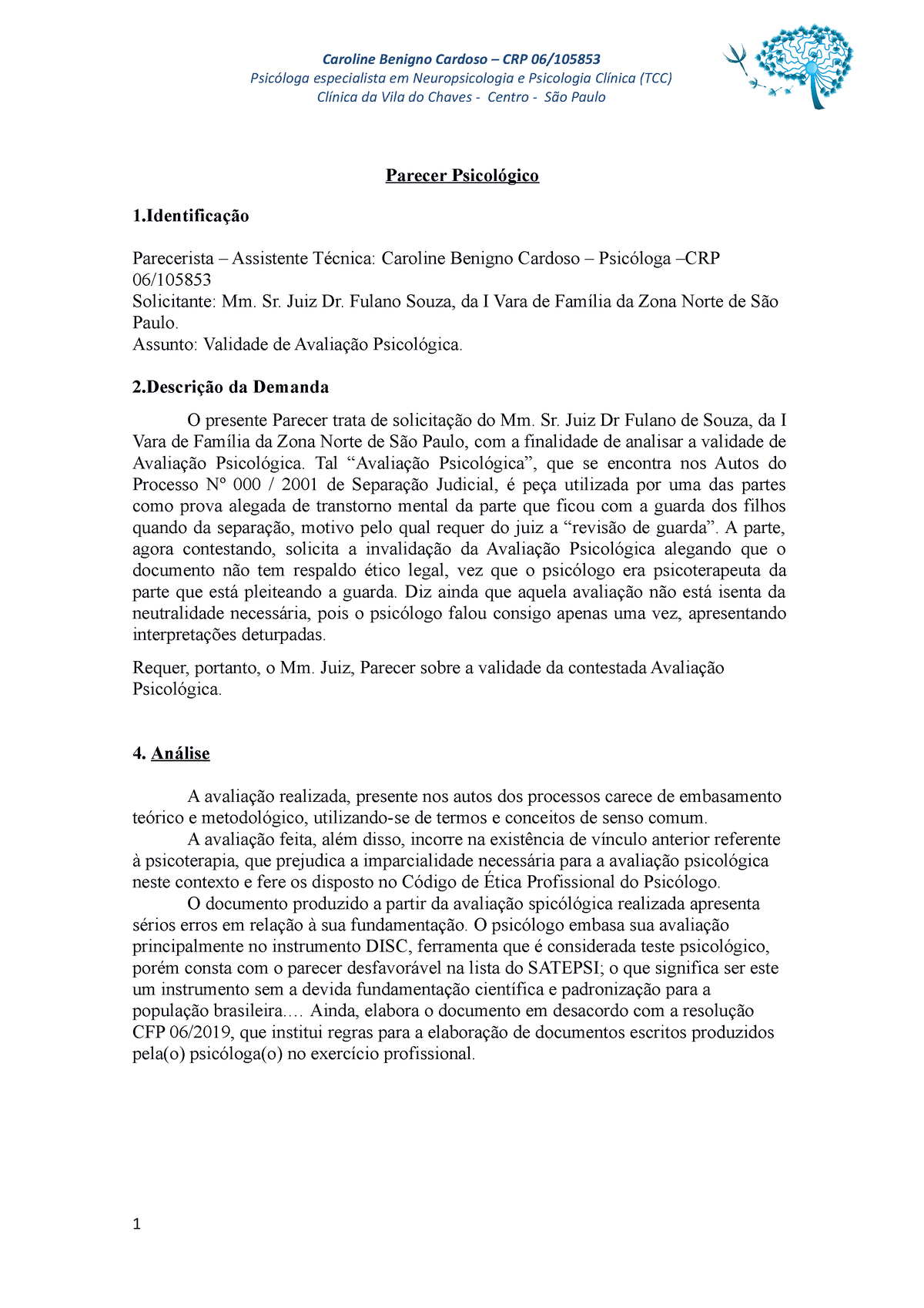 Modelo Parecer Psicológico 2019 Caroline Benigno Cardoso Crp 06 Psicóloga Especialista Em 5379