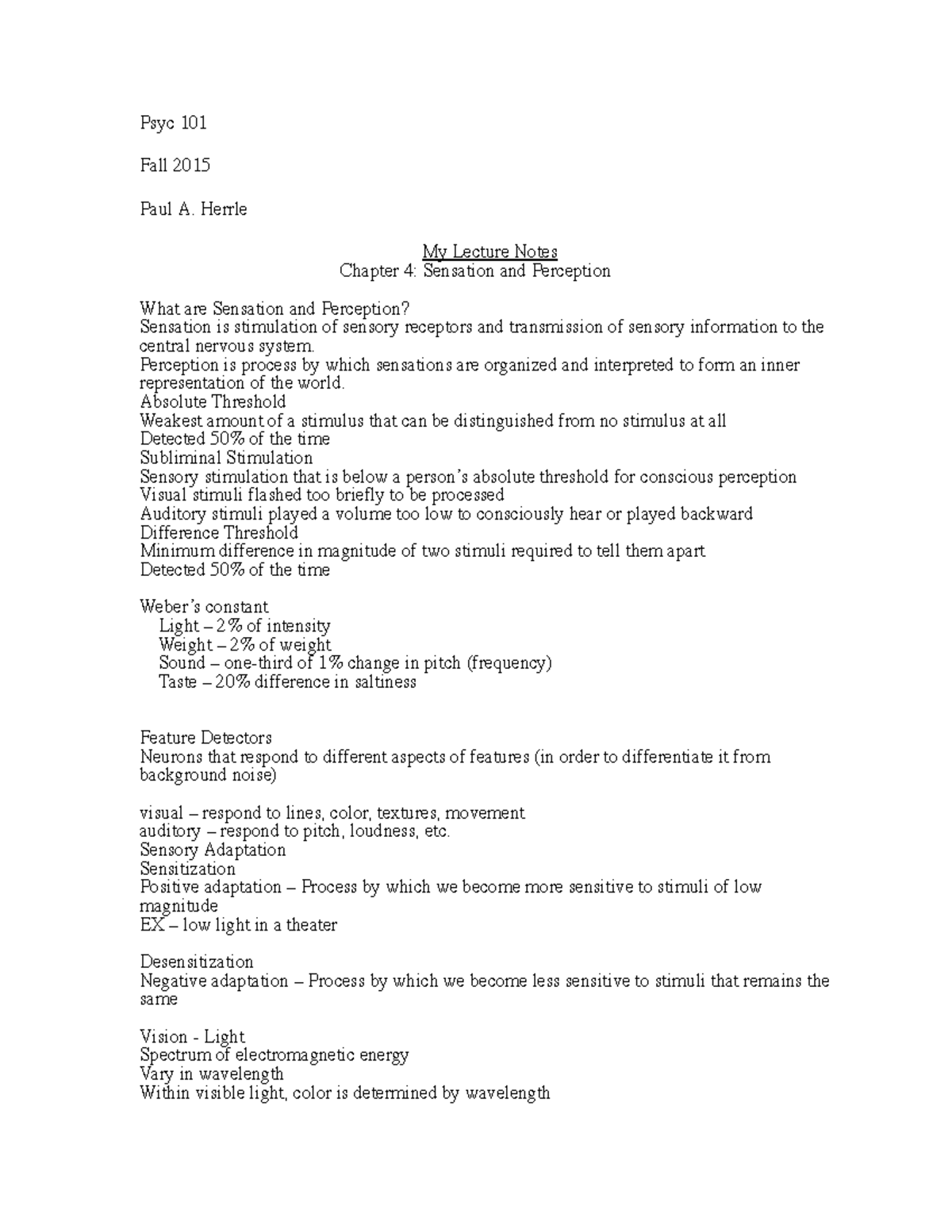 Chapter 4 - Sensation and Perception - Psyc 101 Fall 2015 Paul A ...