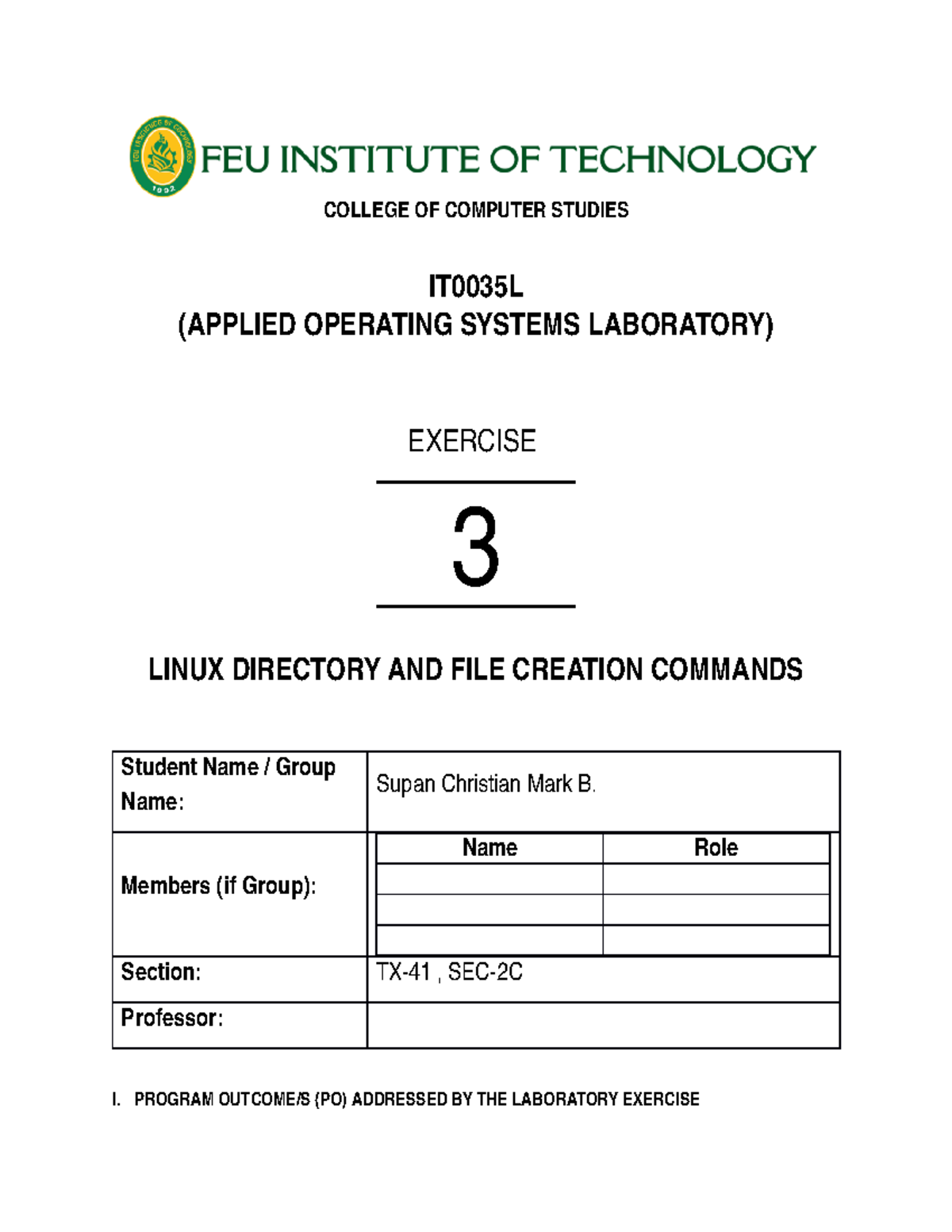 Laboratory Exercise 3 Linux Directories and Files Creation - IT 0035 L ...