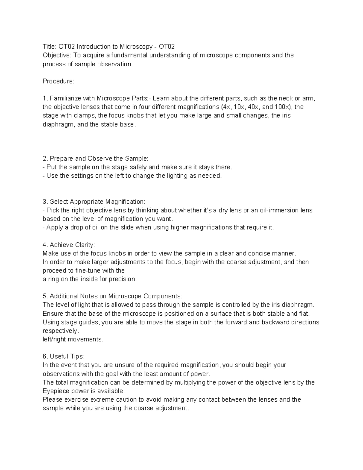 Lab 2 notes - Title: OT02 Introduction to Microscopy - OT Objective: To ...