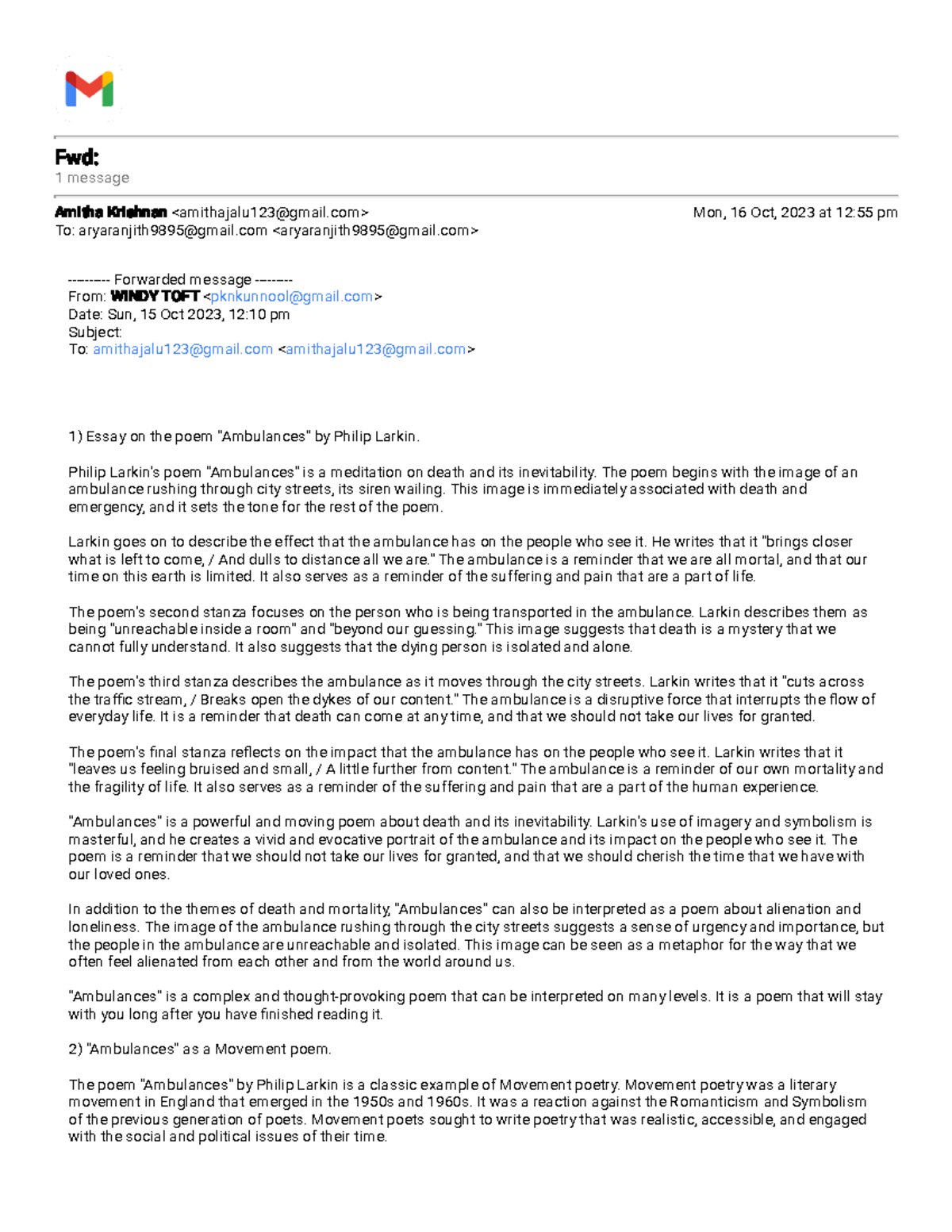Ambulance notes - Fwd: 1 message Amitha Krishnan Mon, 16 Oct, 2023 at ...