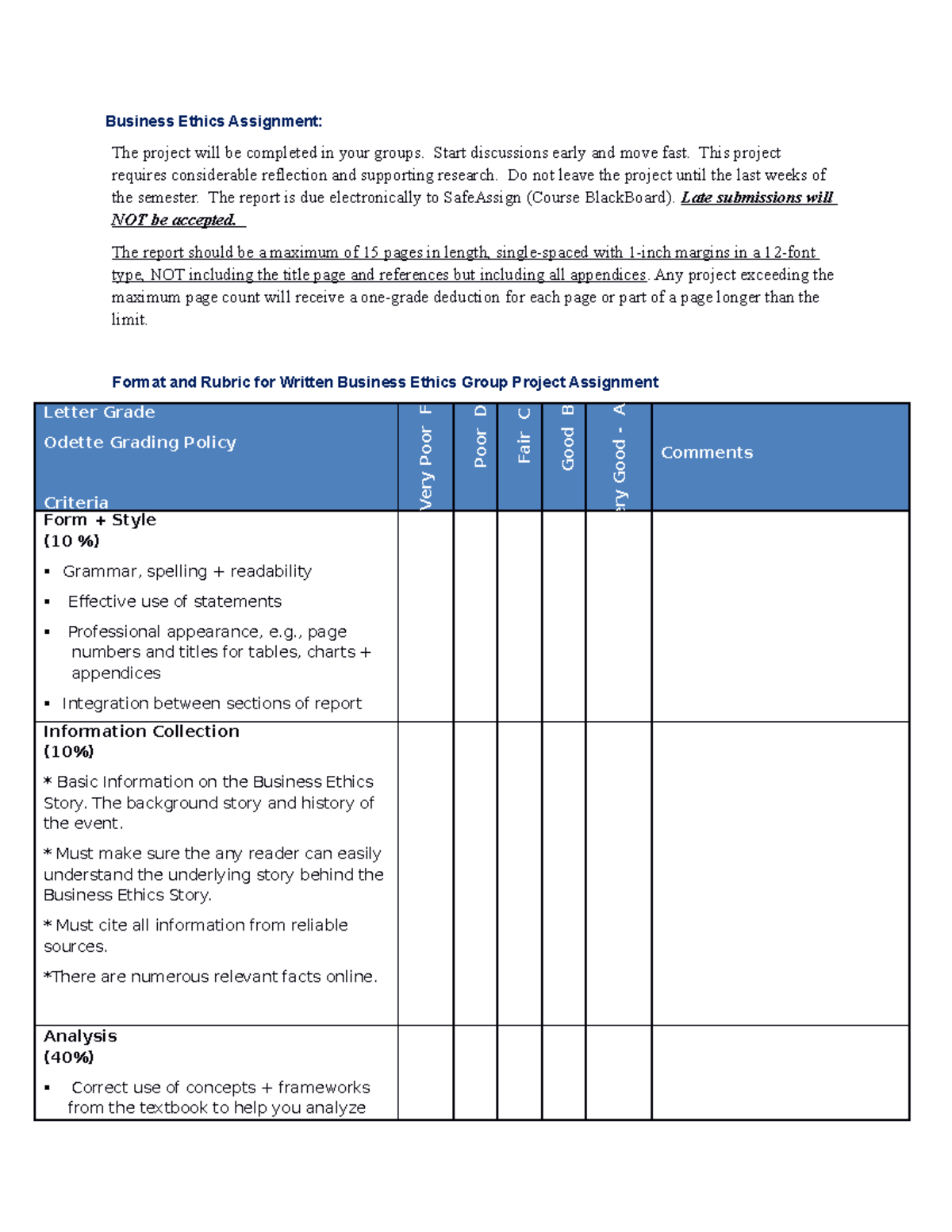 business ethics writing assignment