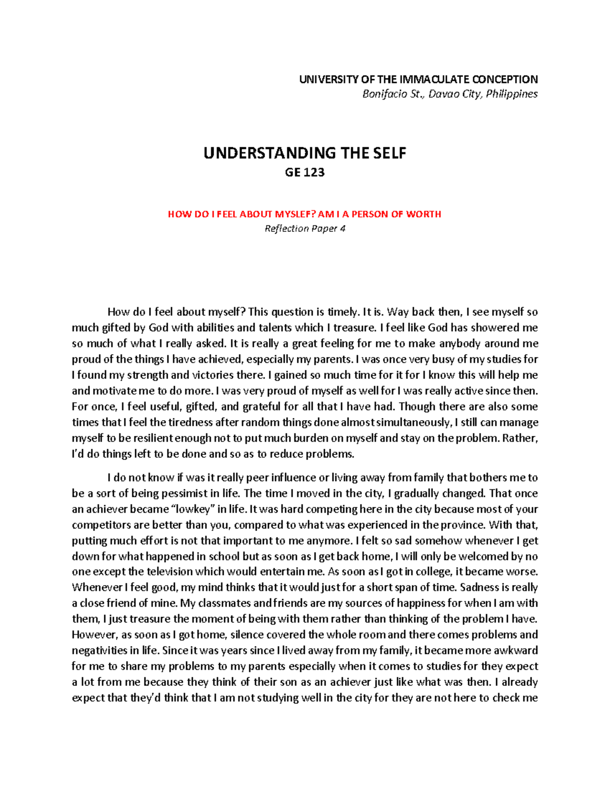 UIC UTS Reflection 4 - How Do I Feel About Myself - UNIVERSITY OF THE ...